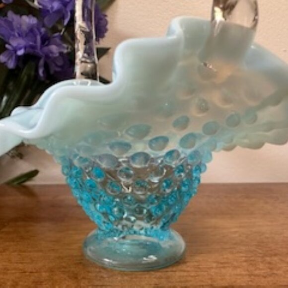 Fenton Hobnail Blue Opalescent Ruffled Basket Clear Twisted Handle Vintage Glass - Picture 4 of 5